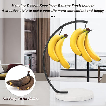 Banana Holder with Marble Base, Metal Banana Hanger Modern Tree Stand with Hook, Stylish Banana Keeper Fresh Fruit Storage Organizer Freestanding for Kitchen Countertop (Chrome, Single Hook)