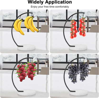 Banana Holder with Marble Base, Metal Banana Hanger Modern Tree Stand with Hook, Stylish Banana Keeper Fresh Fruit Storage Organizer Freestanding for Kitchen Countertop (Chrome, Single Hook)