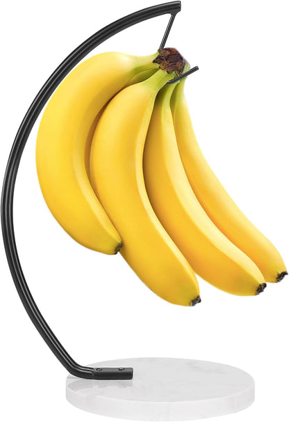 Banana Holder with Marble Base, Metal Banana Hanger Modern Tree Stand with Hook, Stylish Banana Keeper Fresh Fruit Storage Organizer Freestanding for Kitchen Countertop (Chrome, Single Hook)