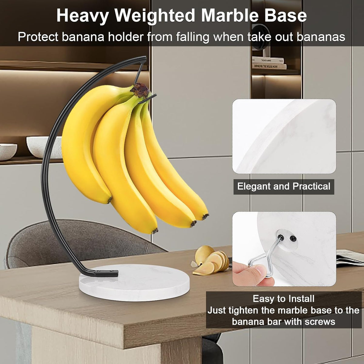 Banana Holder with Marble Base, Metal Banana Hanger Modern Tree Stand with Hook, Stylish Banana Keeper Fresh Fruit Storage Organizer Freestanding for Kitchen Countertop (Chrome, Single Hook)