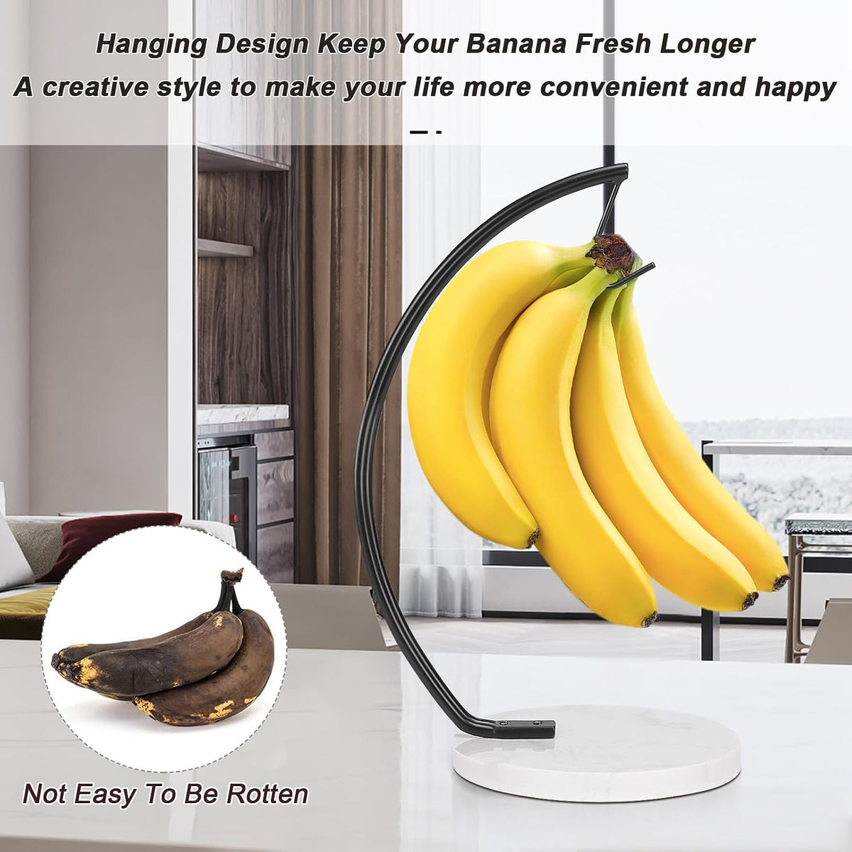 Banana Holder with Marble Base, Metal Banana Hanger Modern Tree Stand with Hook, Stylish Banana Keeper Fresh Fruit Storage Organizer Freestanding for Kitchen Countertop (Chrome, Single Hook)