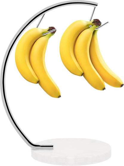 Banana Holder with Marble Base, Metal Banana Hanger Modern Tree Stand with Hook, Stylish Banana Keeper Fresh Fruit Storage Organizer Freestanding for Kitchen Countertop (Chrome, Single Hook)