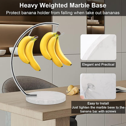 Banana Holder with Marble Base, Metal Banana Hanger Modern Tree Stand with Hook, Stylish Banana Keeper Fresh Fruit Storage Organizer Freestanding for Kitchen Countertop (Chrome, Single Hook)