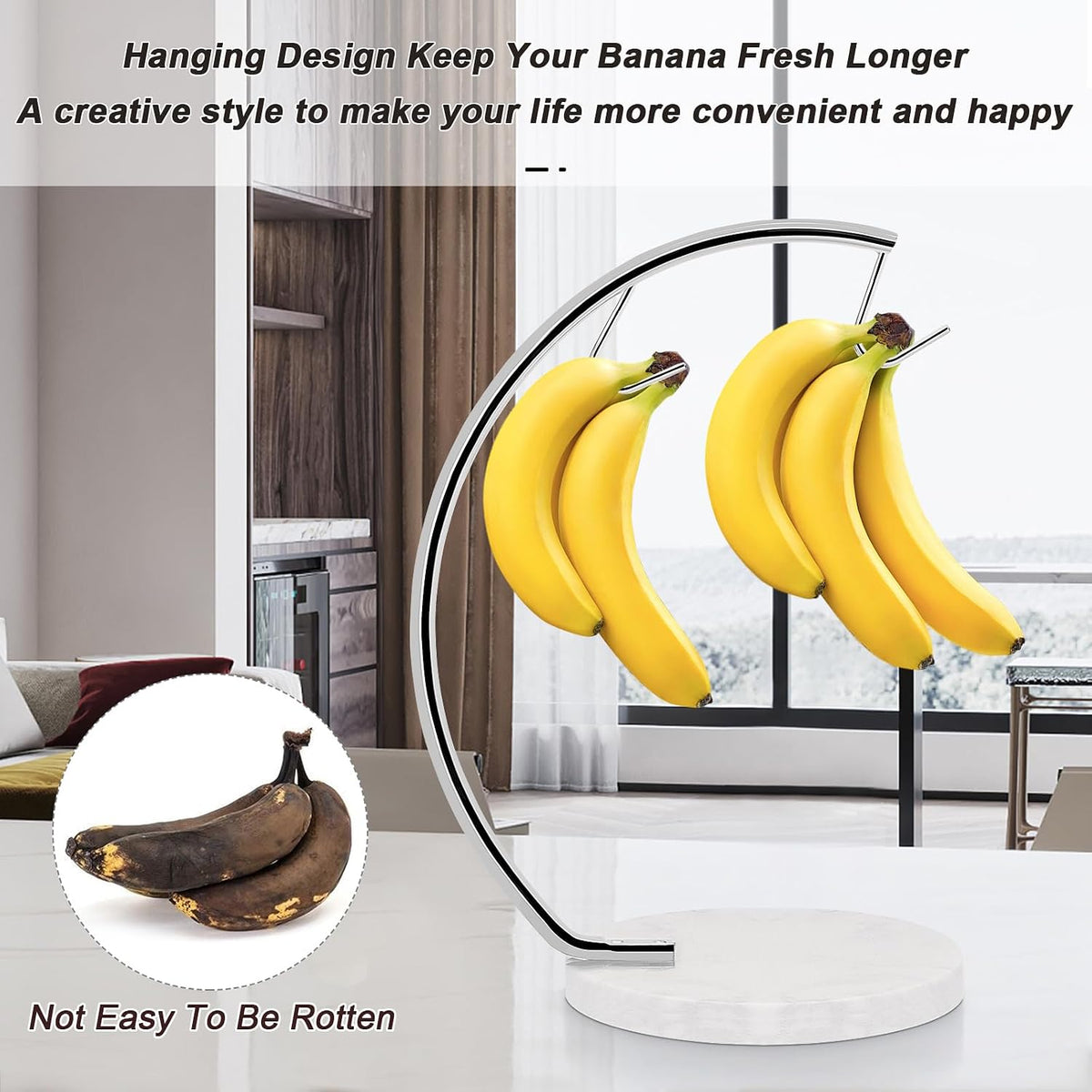 Banana Holder with Marble Base, Metal Banana Hanger Modern Tree Stand with Hook, Stylish Banana Keeper Fresh Fruit Storage Organizer Freestanding for Kitchen Countertop (Chrome, Single Hook)