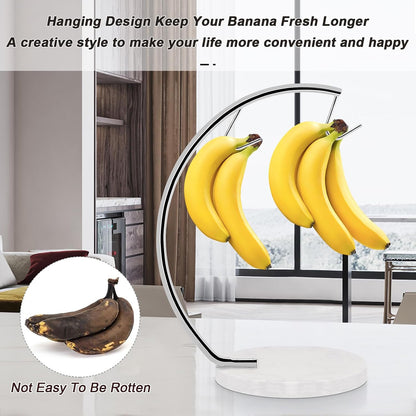 Banana Holder with Marble Base, Metal Banana Hanger Modern Tree Stand with Hook, Stylish Banana Keeper Fresh Fruit Storage Organizer Freestanding for Kitchen Countertop (Chrome, Single Hook)