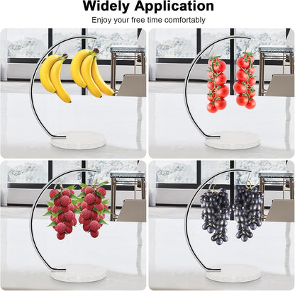 Banana Holder with Marble Base, Metal Banana Hanger Modern Tree Stand with Hook, Stylish Banana Keeper Fresh Fruit Storage Organizer Freestanding for Kitchen Countertop (Chrome, Single Hook)