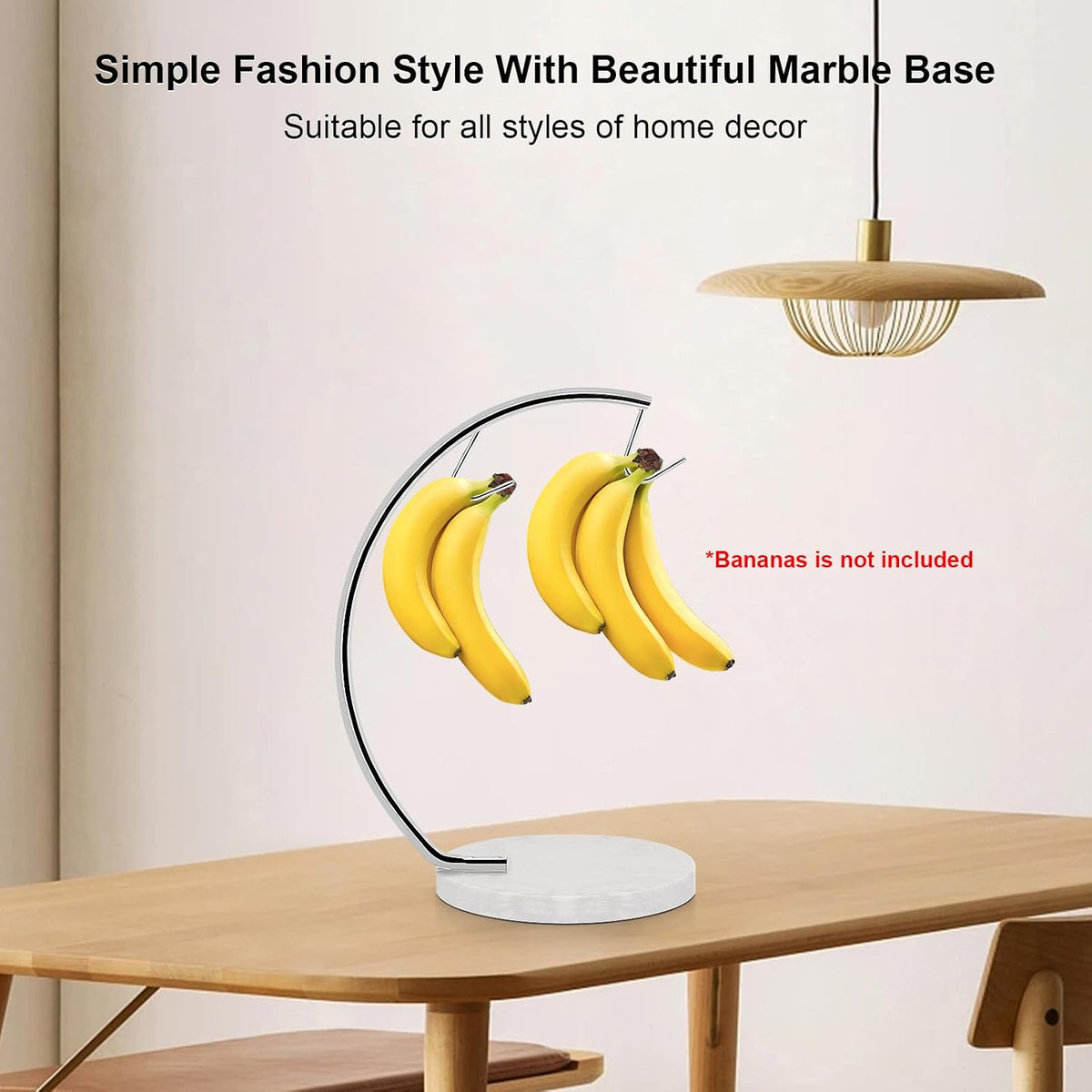Banana Holder with Marble Base, Metal Banana Hanger Modern Tree Stand with Hook, Stylish Banana Keeper Fresh Fruit Storage Organizer Freestanding for Kitchen Countertop (Chrome, Single Hook)
