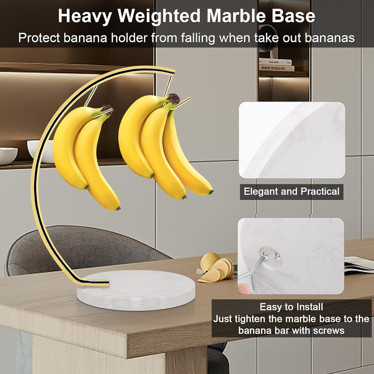 Banana Holder with Marble Base, Metal Banana Hanger Modern Tree Stand with Hook, Stylish Banana Keeper Fresh Fruit Storage Organizer Freestanding for Kitchen Countertop (Chrome, Single Hook)