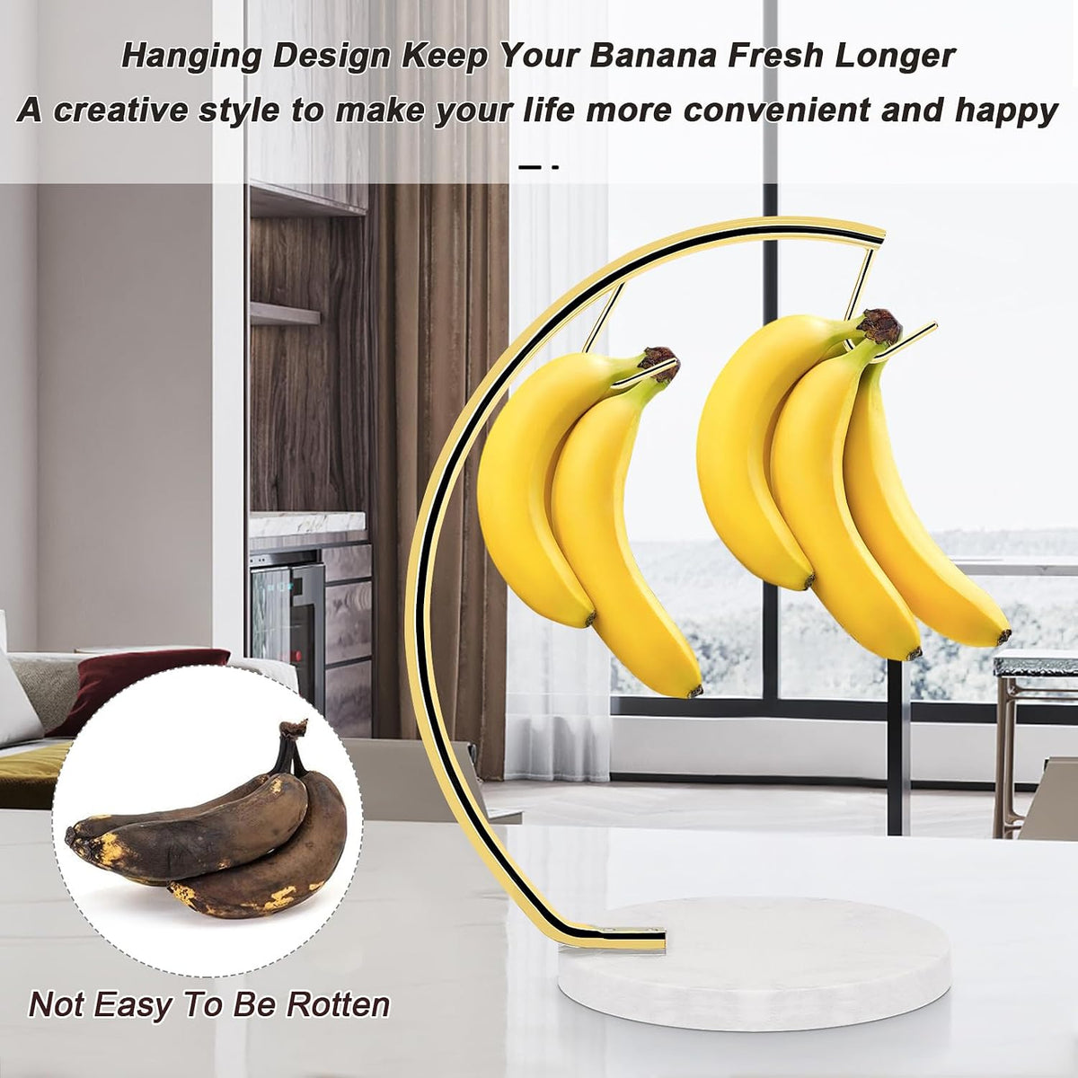 Banana Holder with Marble Base, Metal Banana Hanger Modern Tree Stand with Hook, Stylish Banana Keeper Fresh Fruit Storage Organizer Freestanding for Kitchen Countertop (Chrome, Single Hook)