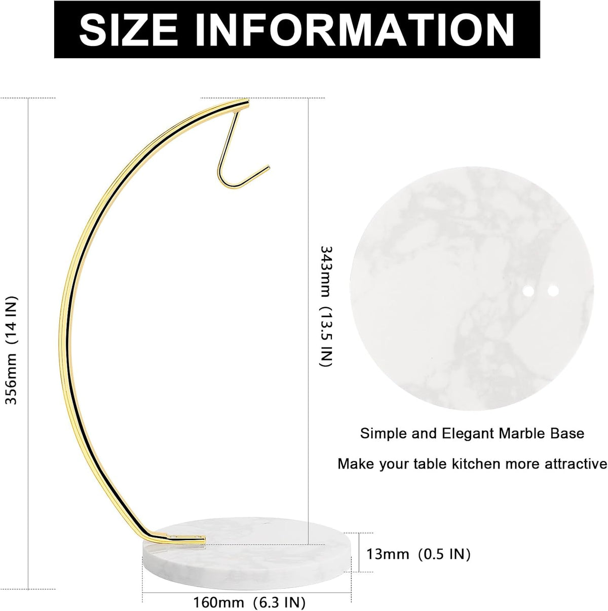 Banana Holder with Marble Base, Metal Banana Hanger Modern Tree Stand with Hook, Stylish Banana Keeper Fresh Fruit Storage Organizer Freestanding for Kitchen Countertop (Chrome, Single Hook)