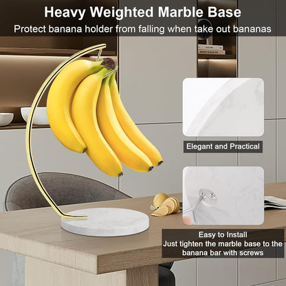 Banana Holder with Marble Base, Metal Banana Hanger Modern Tree Stand with Hook, Stylish Banana Keeper Fresh Fruit Storage Organizer Freestanding for Kitchen Countertop (Chrome, Single Hook)