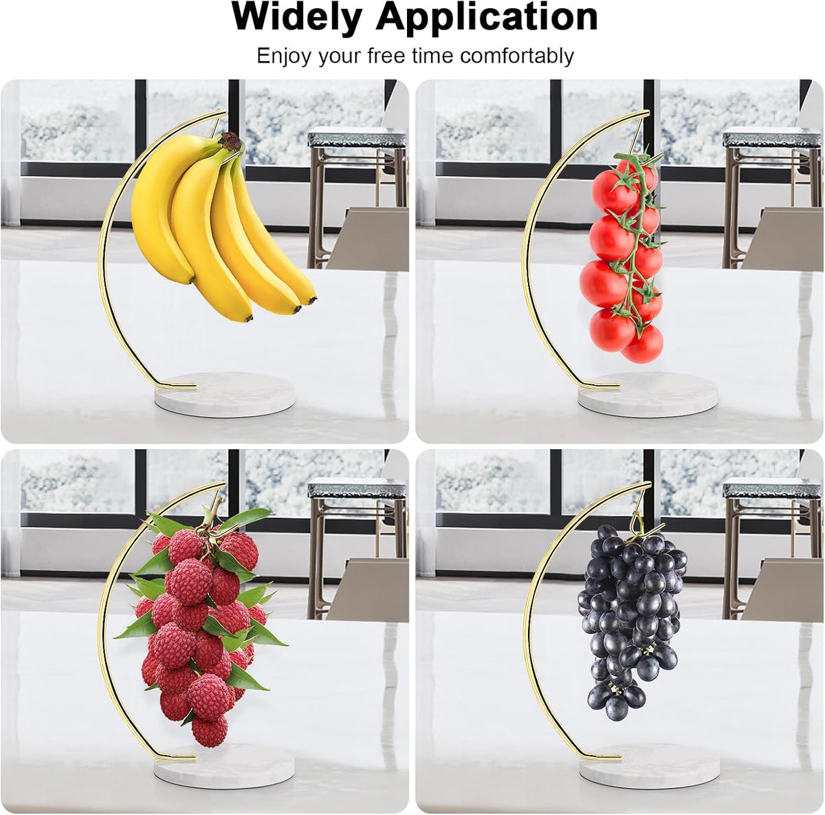 Banana Holder with Marble Base, Metal Banana Hanger Modern Tree Stand with Hook, Stylish Banana Keeper Fresh Fruit Storage Organizer Freestanding for Kitchen Countertop (Chrome, Single Hook)
