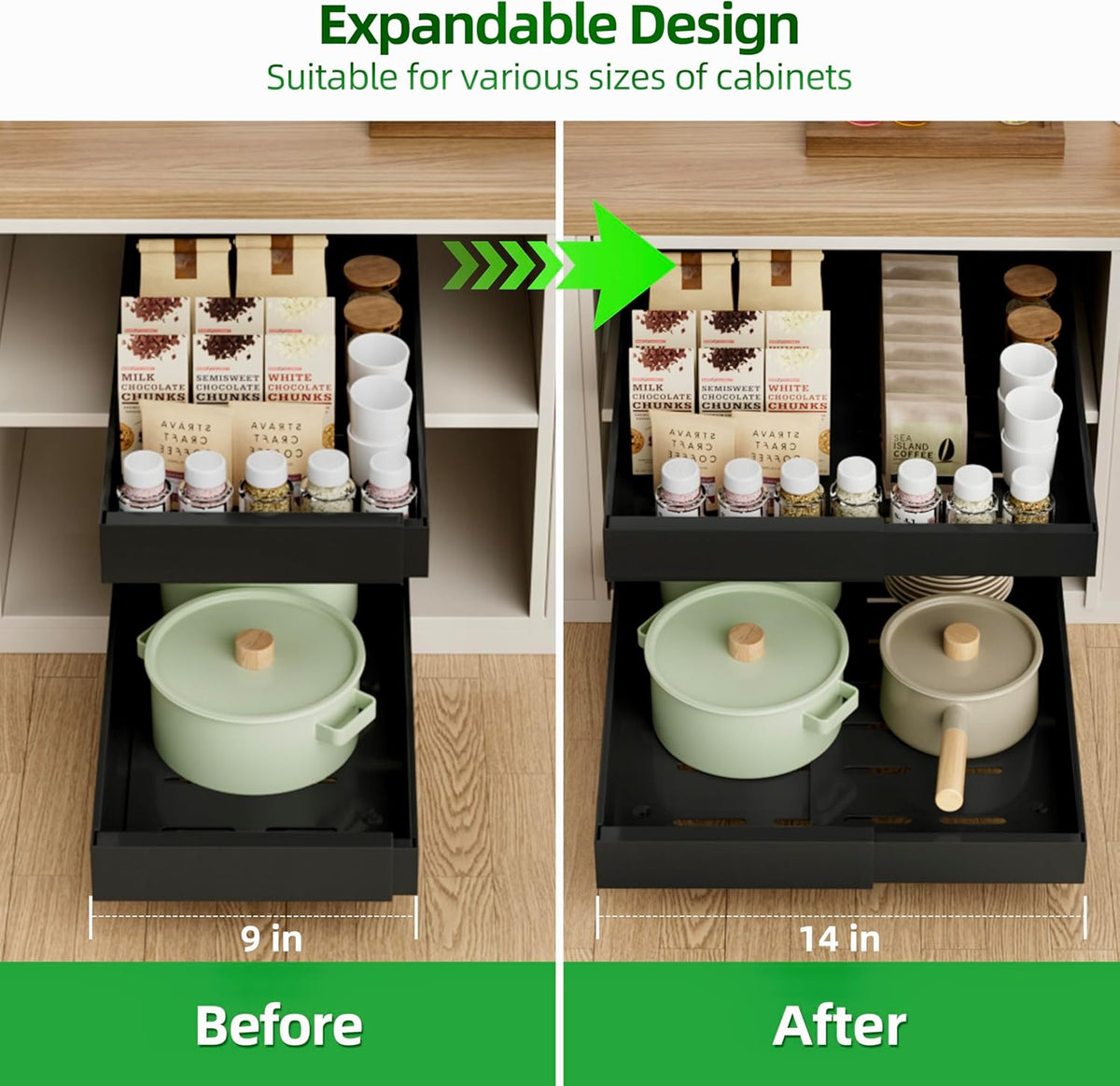 Expandable Pull Out Cabinet Organizer,21" Deep | Pull Out Drawers for Cabinets with width from 12" to 20",Sliding Drawers for Cabinets with Upgrade 3 Slide Rails,hold 65 lbs