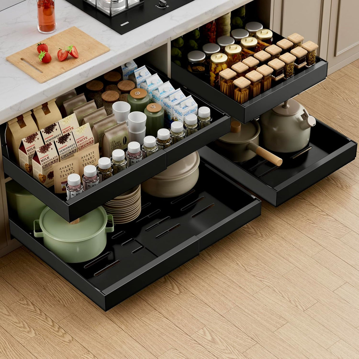 Expandable Pull Out Cabinet Organizer,21" Deep | Pull Out Drawers for Cabinets with width from 12" to 20",Sliding Drawers for Cabinets with Upgrade 3 Slide Rails,hold 65 lbs