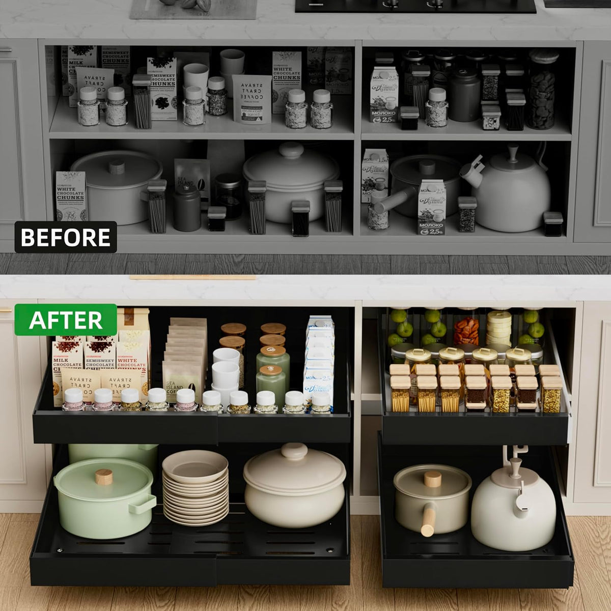 Expandable Pull Out Cabinet Organizer,21" Deep | Pull Out Drawers for Cabinets with width from 12" to 20",Sliding Drawers for Cabinets with Upgrade 3 Slide Rails,hold 65 lbs