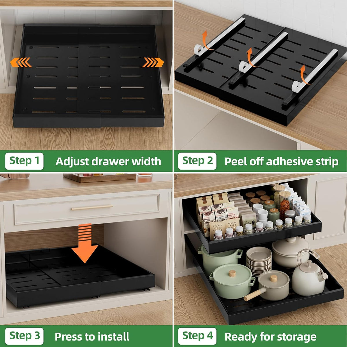 Expandable Pull Out Cabinet Organizer,21" Deep | Pull Out Drawers for Cabinets with width from 12" to 20",Sliding Drawers for Cabinets with Upgrade 3 Slide Rails,hold 65 lbs