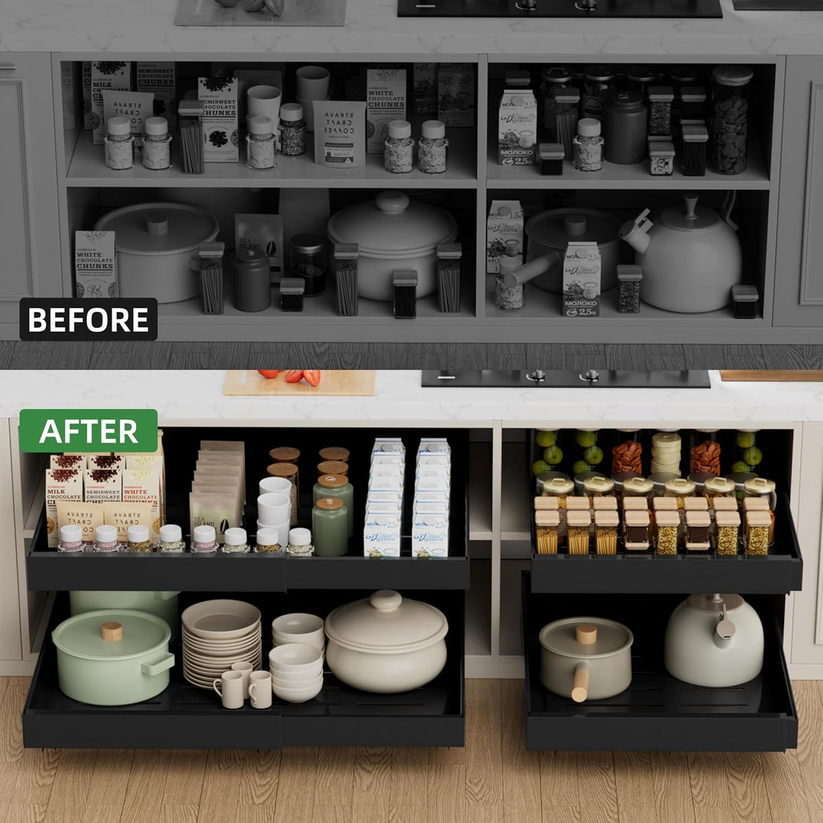 Expandable Pull Out Cabinet Organizer,21" Deep | Pull Out Drawers for Cabinets with width from 12" to 20",Sliding Drawers for Cabinets with Upgrade 3 Slide Rails,hold 65 lbs