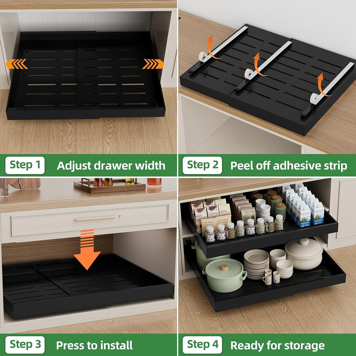 Expandable Pull Out Cabinet Organizer,21" Deep | Pull Out Drawers for Cabinets with width from 12" to 20",Sliding Drawers for Cabinets with Upgrade 3 Slide Rails,hold 65 lbs