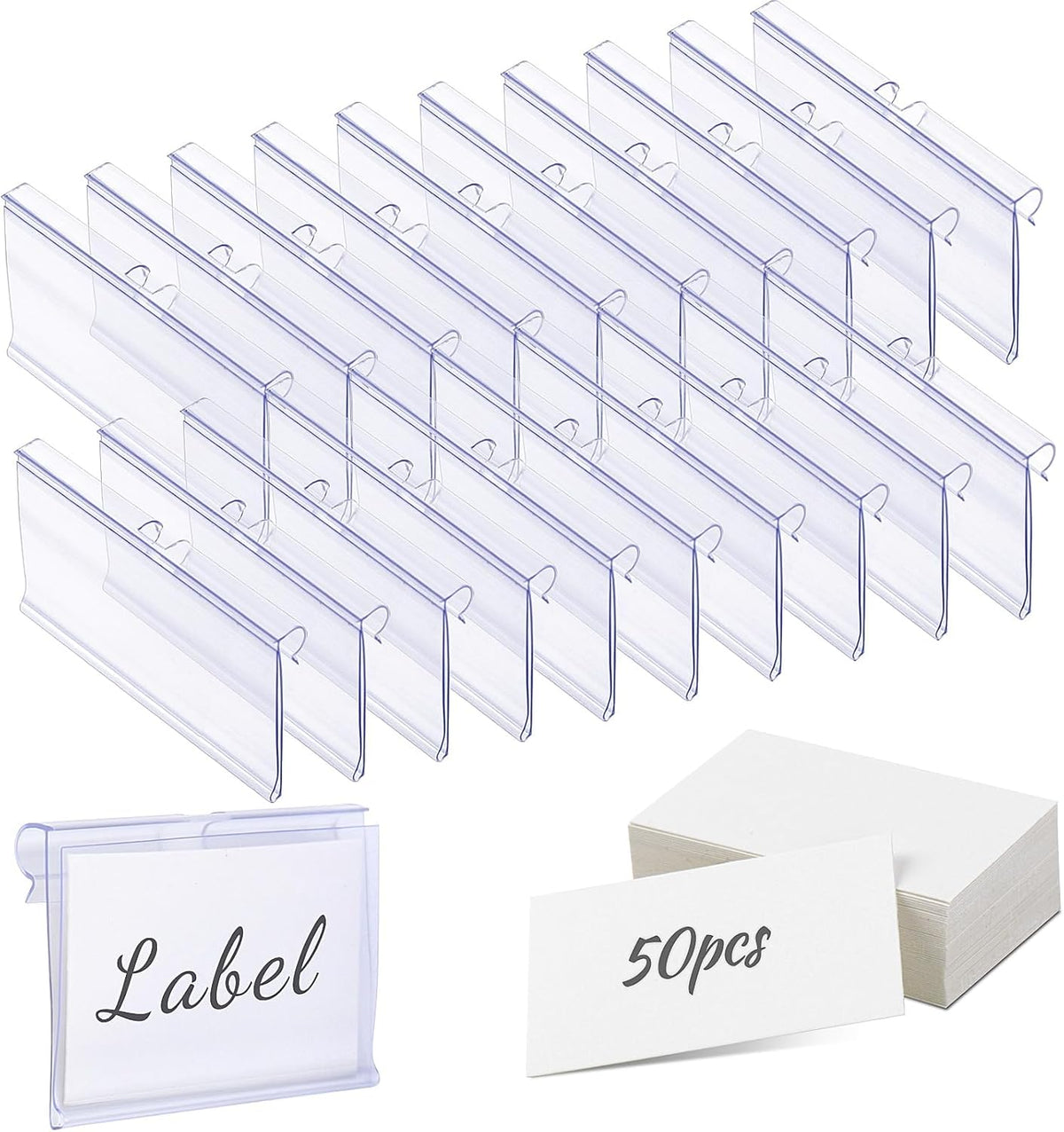 50 PCS Clear Plastic Label Holders for Wire Shelf Retail Price Label, Basket Bin Labels Clip On, Labels for Storage Bins, Merchandise Sign Display Holder for Supermarket,Label Papers Included