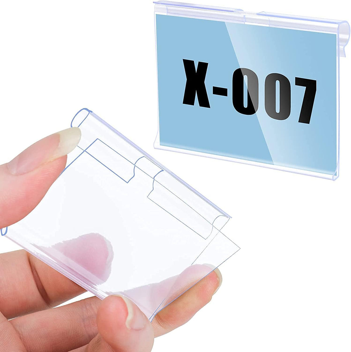 50 PCS Clear Plastic Label Holders for Wire Shelf Retail Price Label, Basket Bin Labels Clip On, Labels for Storage Bins, Merchandise Sign Display Holder for Supermarket,Label Papers Included