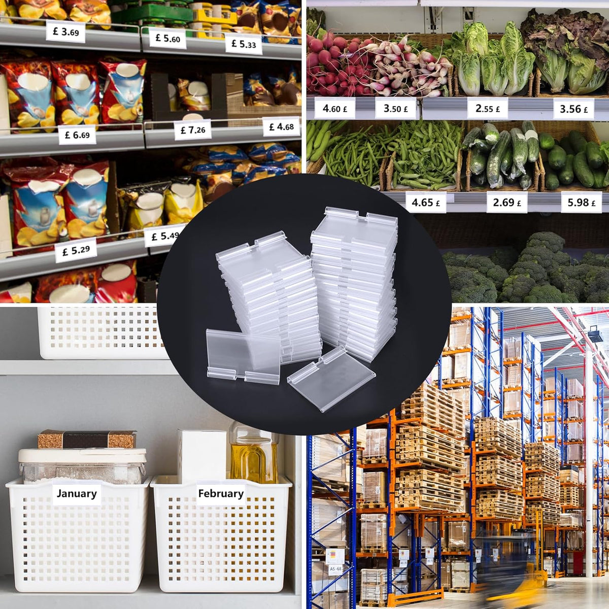 50 PCS Clear Plastic Label Holders for Wire Shelf Retail Price Label, Basket Bin Labels Clip On, Labels for Storage Bins, Merchandise Sign Display Holder for Supermarket,Label Papers Included