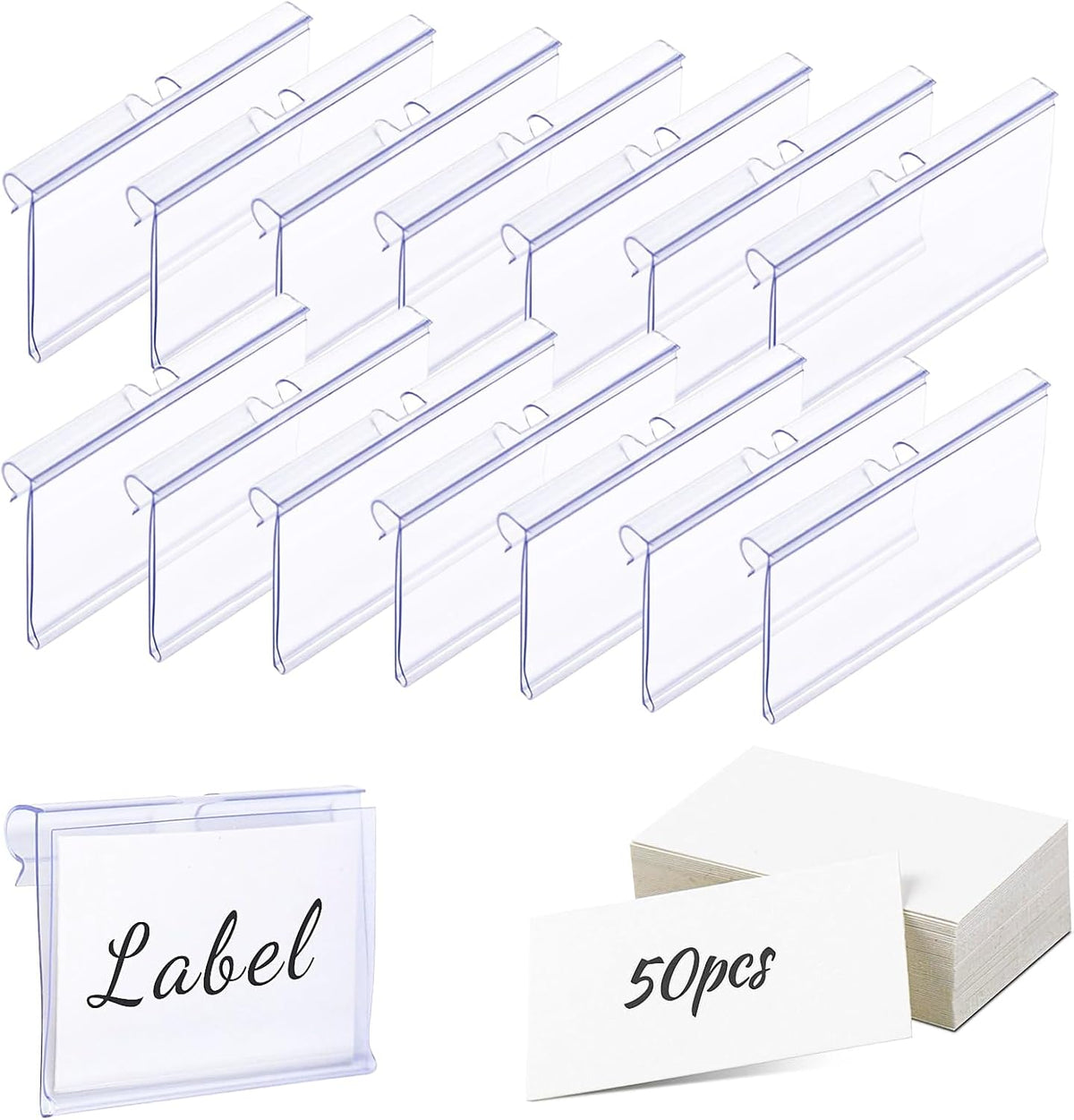 50 PCS Clear Plastic Label Holders for Wire Shelf Retail Price Label, Basket Bin Labels Clip On, Labels for Storage Bins, Merchandise Sign Display Holder for Supermarket,Label Papers Included