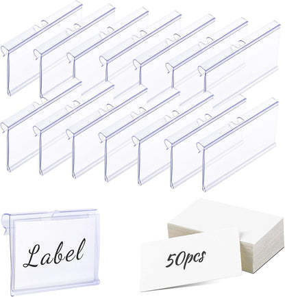 50 PCS Clear Plastic Label Holders for Wire Shelf Retail Price Label, Basket Bin Labels Clip On, Labels for Storage Bins, Merchandise Sign Display Holder for Supermarket,Label Papers Included