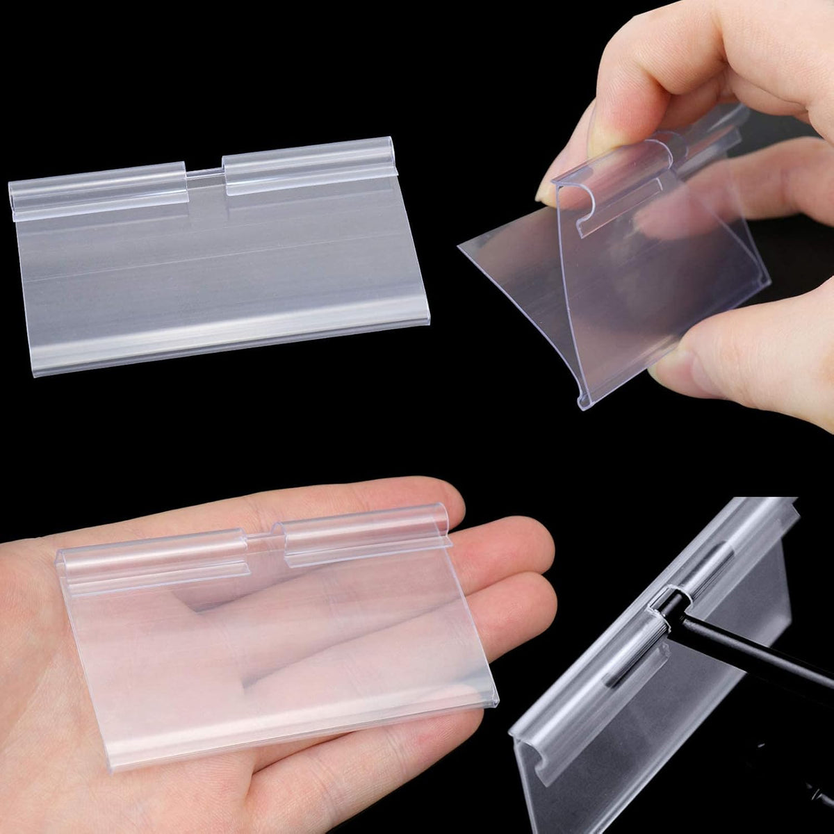 50 PCS Clear Plastic Label Holders for Wire Shelf Retail Price Label, Basket Bin Labels Clip On, Labels for Storage Bins, Merchandise Sign Display Holder for Supermarket,Label Papers Included