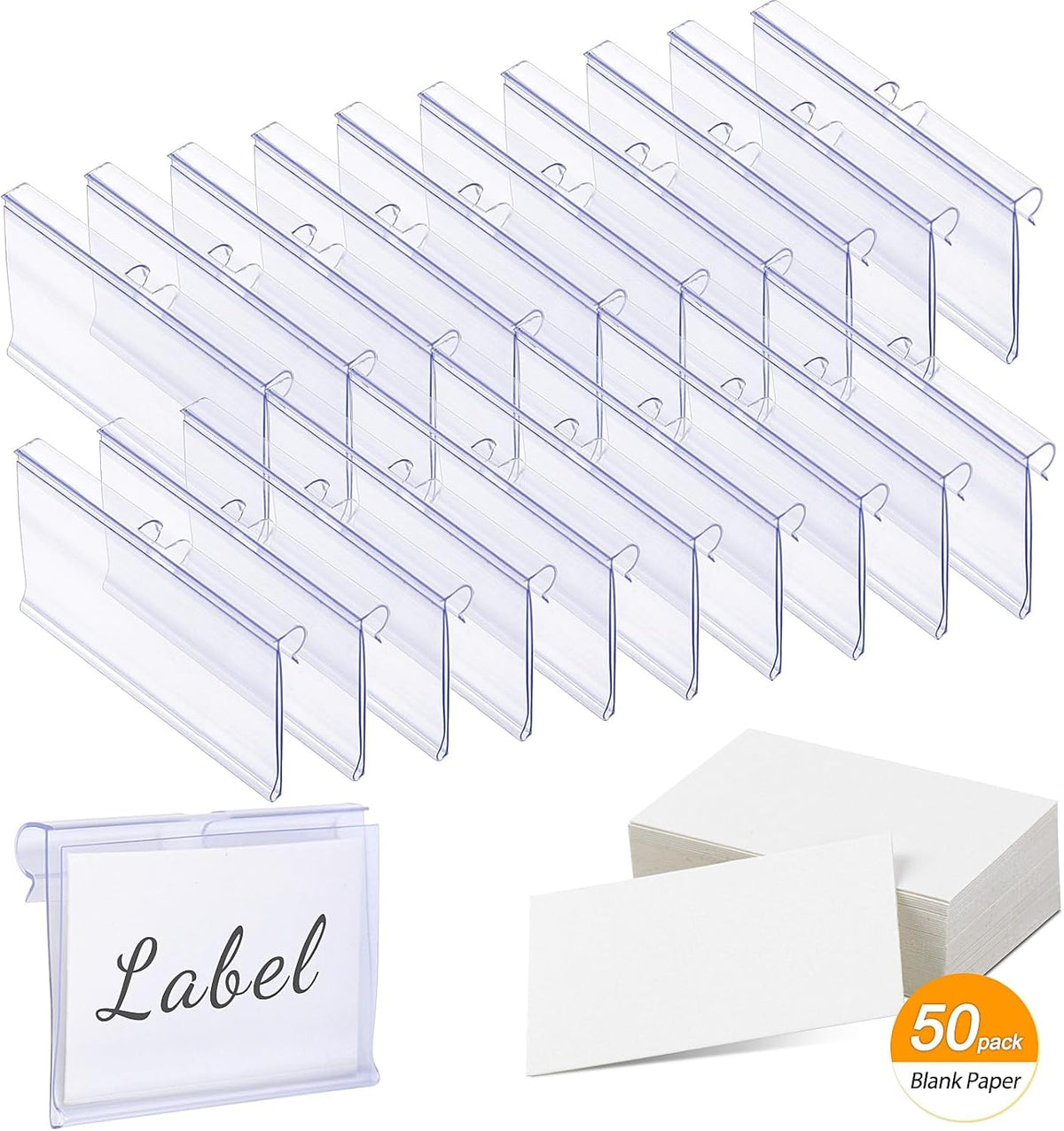 50 PCS Clear Plastic Label Holders for Wire Shelf Retail Price Label, Basket Bin Labels Clip On, Labels for Storage Bins, Merchandise Sign Display Holder for Supermarket,Label Papers Included
