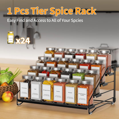 4 Tier Spice Rack for Cabinet, Spice Rack Organizer, Depth Adjustable Spice Holder for Countertop, Cupboard, Pantry, Seasoning Shelf, Metal, Black (1 Pack)