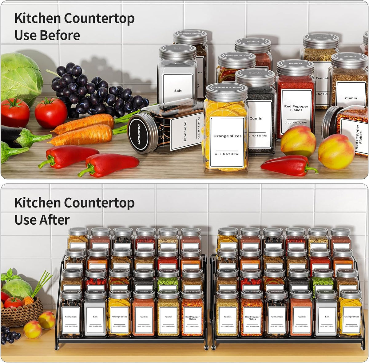 4 Tier Spice Rack for Cabinet, Spice Rack Organizer, Depth Adjustable Spice Holder for Countertop, Cupboard, Pantry, Seasoning Shelf, Metal, Black (1 Pack)