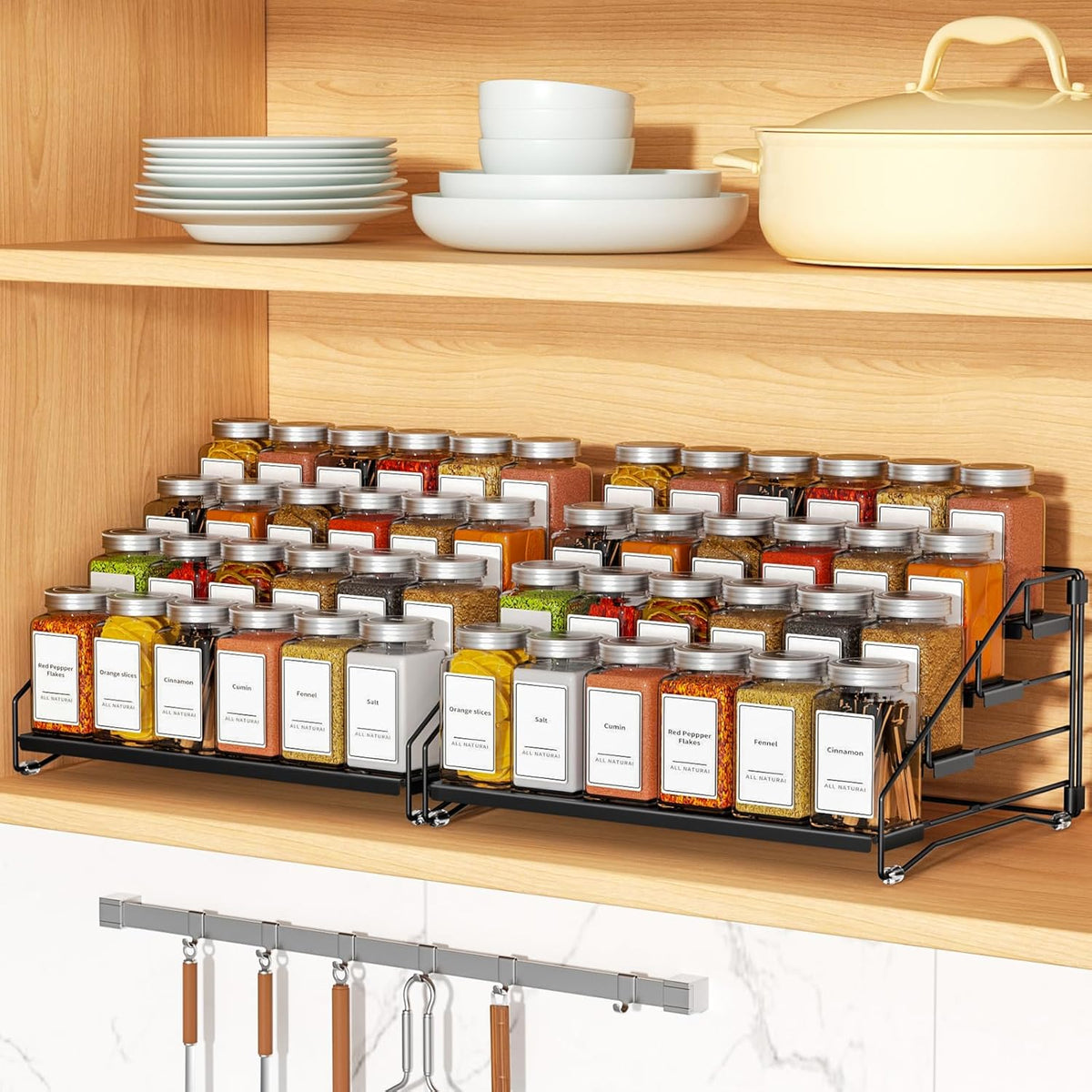 4 Tier Spice Rack for Cabinet, Spice Rack Organizer, Depth Adjustable Spice Holder for Countertop, Cupboard, Pantry, Seasoning Shelf, Metal, Black (1 Pack)
