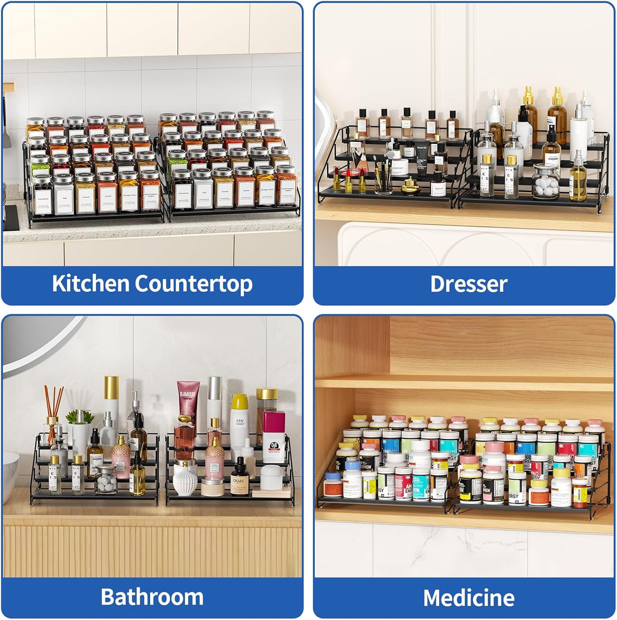 4 Tier Spice Rack for Cabinet, Spice Rack Organizer, Depth Adjustable Spice Holder for Countertop, Cupboard, Pantry, Seasoning Shelf, Metal, Black (1 Pack)