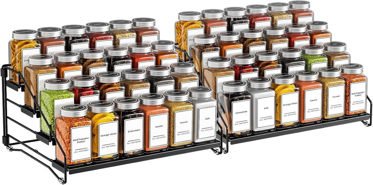 4 Tier Spice Rack for Cabinet, Spice Rack Organizer, Depth Adjustable Spice Holder for Countertop, Cupboard, Pantry, Seasoning Shelf, Metal, Black (1 Pack)