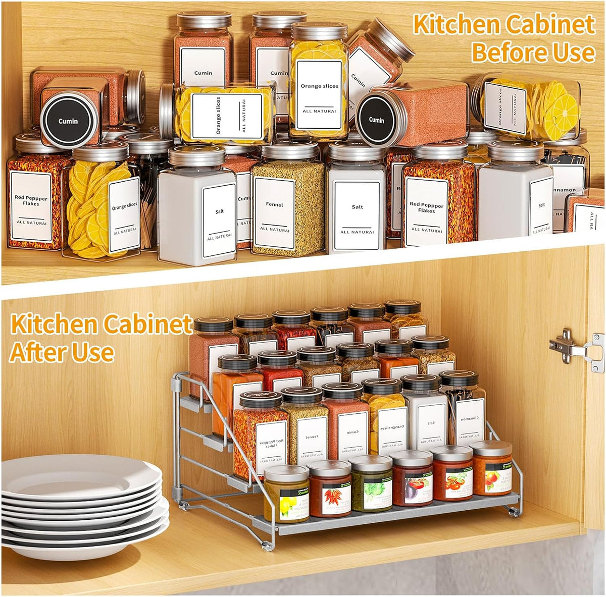 4 Tier Spice Rack for Cabinet, Spice Rack Organizer, Depth Adjustable Spice Holder for Countertop, Cupboard, Pantry, Seasoning Shelf, Metal, Black (1 Pack)