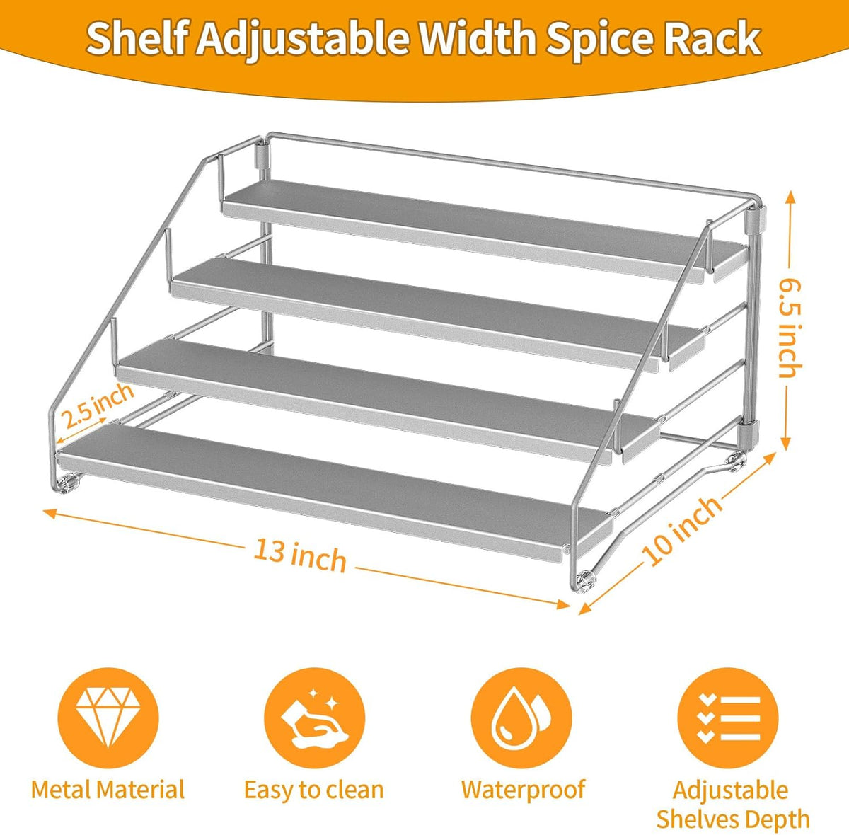 4 Tier Spice Rack for Cabinet, Spice Rack Organizer, Depth Adjustable Spice Holder for Countertop, Cupboard, Pantry, Seasoning Shelf, Metal, Black (1 Pack)