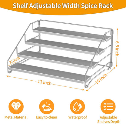 4 Tier Spice Rack for Cabinet, Spice Rack Organizer, Depth Adjustable Spice Holder for Countertop, Cupboard, Pantry, Seasoning Shelf, Metal, Black (1 Pack)