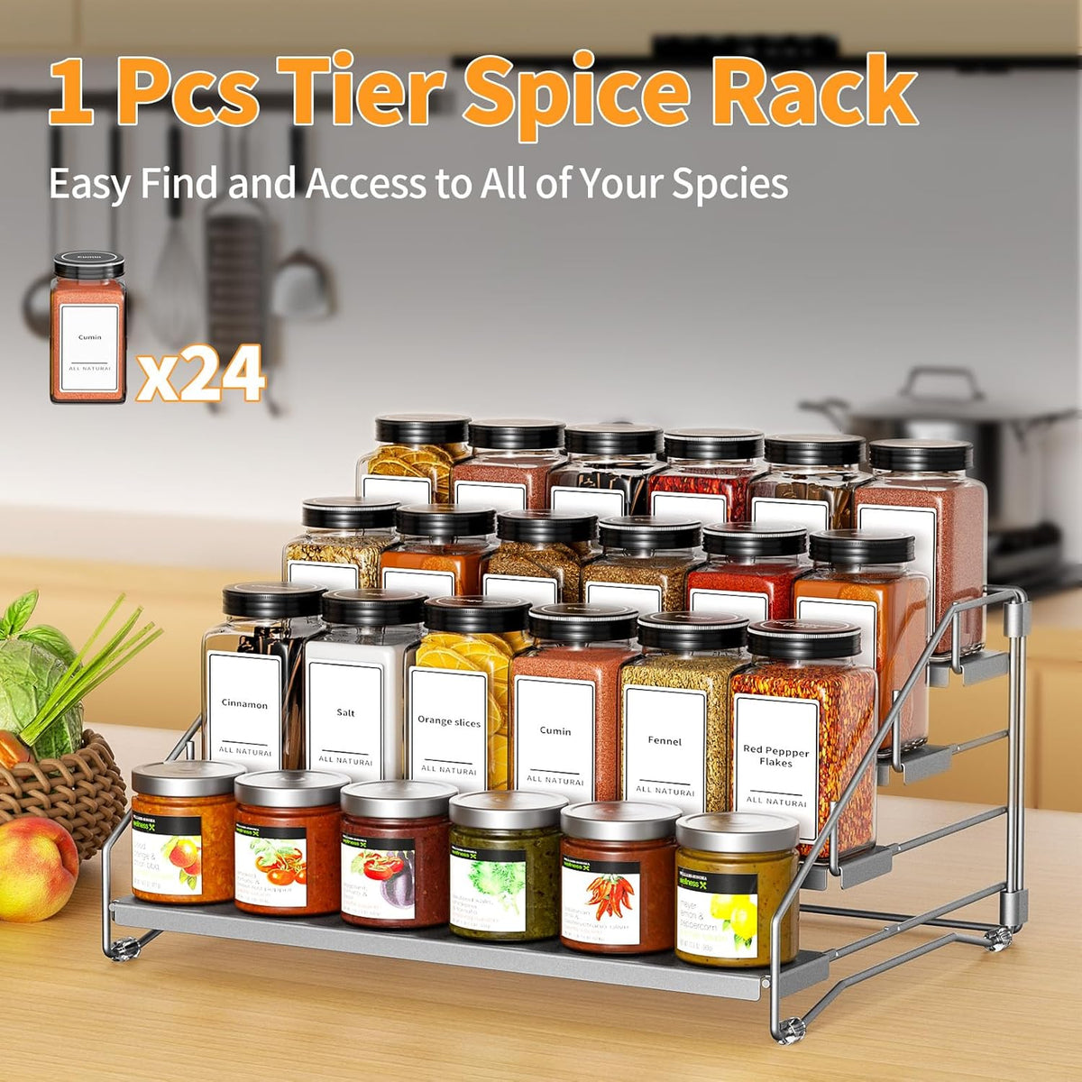 4 Tier Spice Rack for Cabinet, Spice Rack Organizer, Depth Adjustable Spice Holder for Countertop, Cupboard, Pantry, Seasoning Shelf, Metal, Black (1 Pack)