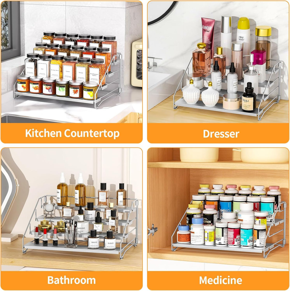 4 Tier Spice Rack for Cabinet, Spice Rack Organizer, Depth Adjustable Spice Holder for Countertop, Cupboard, Pantry, Seasoning Shelf, Metal, Black (1 Pack)