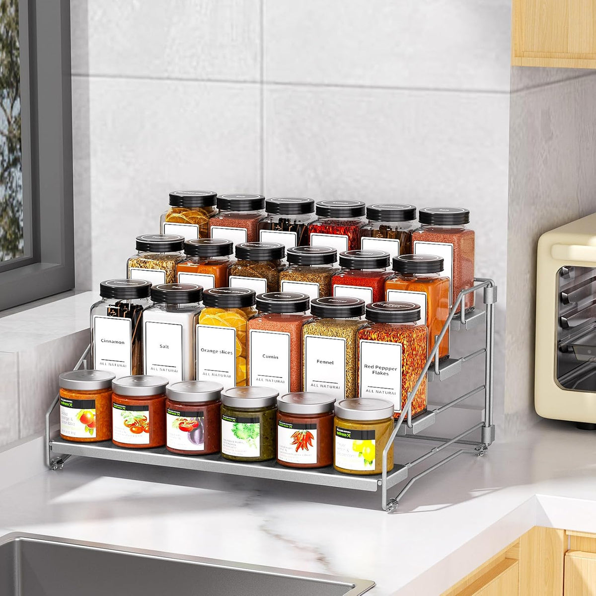 4 Tier Spice Rack for Cabinet, Spice Rack Organizer, Depth Adjustable Spice Holder for Countertop, Cupboard, Pantry, Seasoning Shelf, Metal, Black (1 Pack)