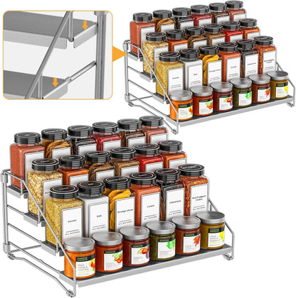 4 Tier Spice Rack for Cabinet, Spice Rack Organizer, Depth Adjustable Spice Holder for Countertop, Cupboard, Pantry, Seasoning Shelf, Metal, Black (1 Pack)
