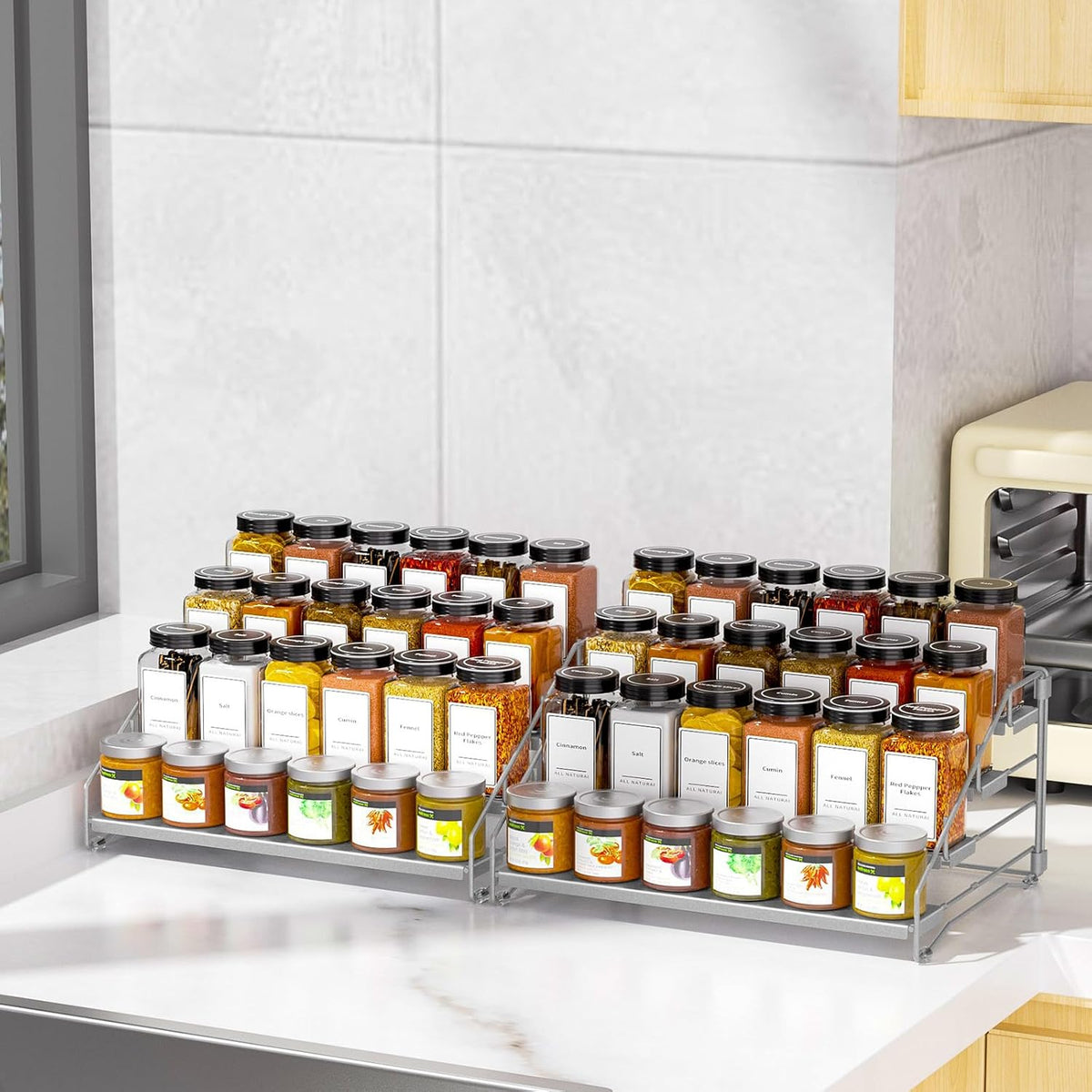 4 Tier Spice Rack for Cabinet, Spice Rack Organizer, Depth Adjustable Spice Holder for Countertop, Cupboard, Pantry, Seasoning Shelf, Metal, Black (1 Pack)