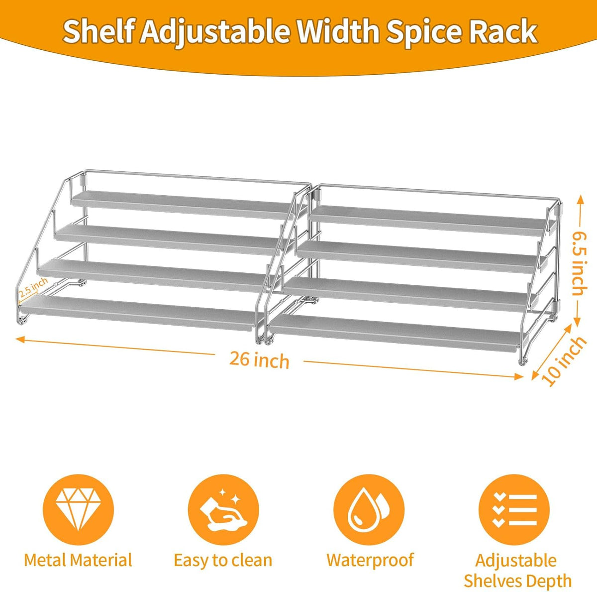 4 Tier Spice Rack for Cabinet, Spice Rack Organizer, Depth Adjustable Spice Holder for Countertop, Cupboard, Pantry, Seasoning Shelf, Metal, Black (1 Pack)