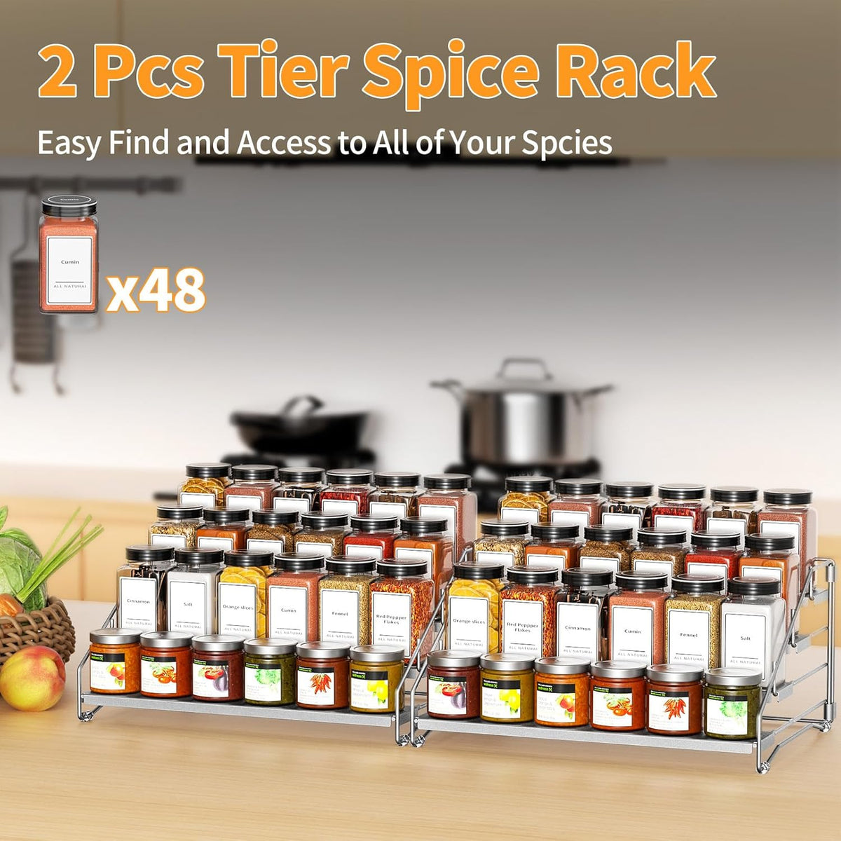 4 Tier Spice Rack for Cabinet, Spice Rack Organizer, Depth Adjustable Spice Holder for Countertop, Cupboard, Pantry, Seasoning Shelf, Metal, Black (1 Pack)