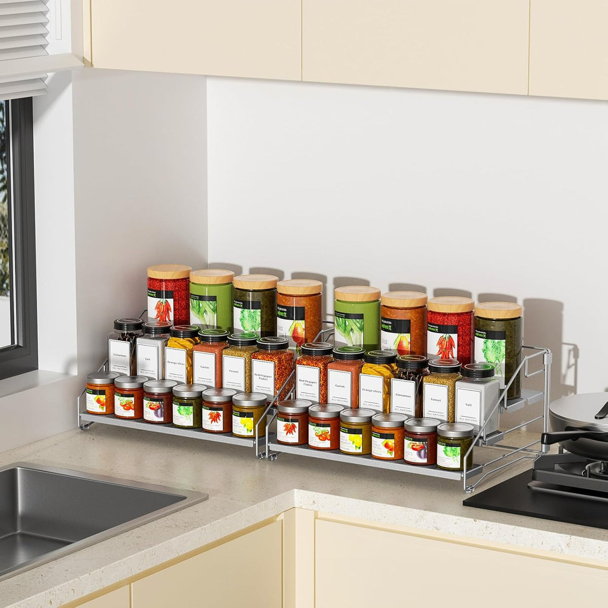 4 Tier Spice Rack for Cabinet, Spice Rack Organizer, Depth Adjustable Spice Holder for Countertop, Cupboard, Pantry, Seasoning Shelf, Metal, Black (1 Pack)