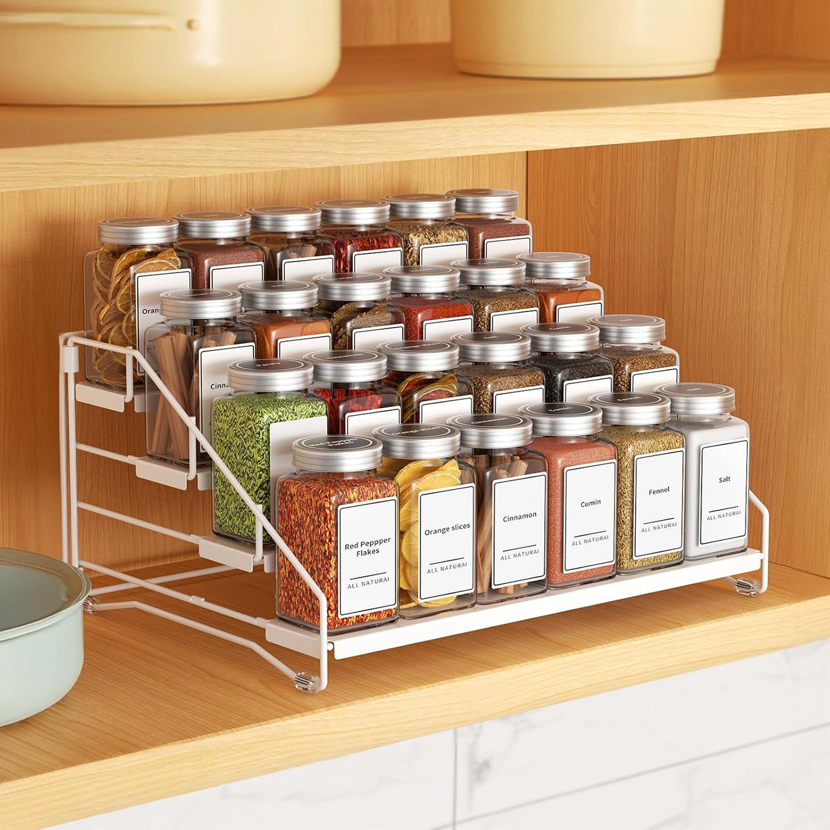 4 Tier Spice Rack for Cabinet, Spice Rack Organizer, Depth Adjustable Spice Holder for Countertop, Cupboard, Pantry, Seasoning Shelf, Metal, Black (1 Pack)