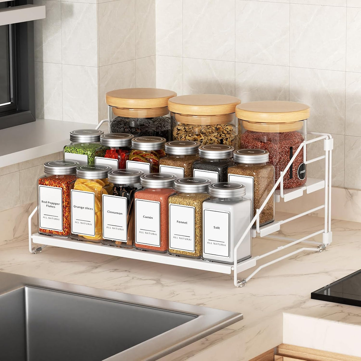 4 Tier Spice Rack for Cabinet, Spice Rack Organizer, Depth Adjustable Spice Holder for Countertop, Cupboard, Pantry, Seasoning Shelf, Metal, Black (1 Pack)