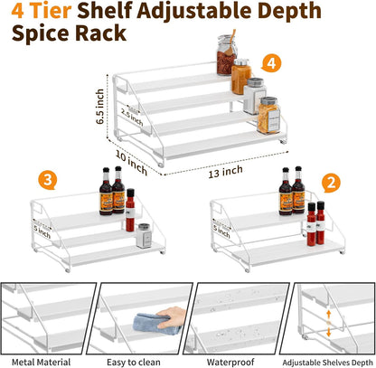 4 Tier Spice Rack for Cabinet, Spice Rack Organizer, Depth Adjustable Spice Holder for Countertop, Cupboard, Pantry, Seasoning Shelf, Metal, Black (1 Pack)