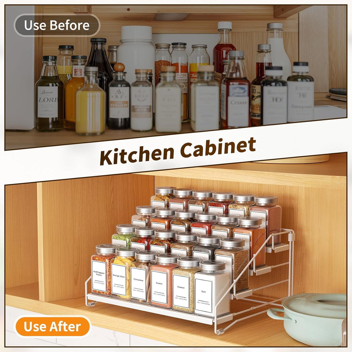 4 Tier Spice Rack for Cabinet, Spice Rack Organizer, Depth Adjustable Spice Holder for Countertop, Cupboard, Pantry, Seasoning Shelf, Metal, Black (1 Pack)
