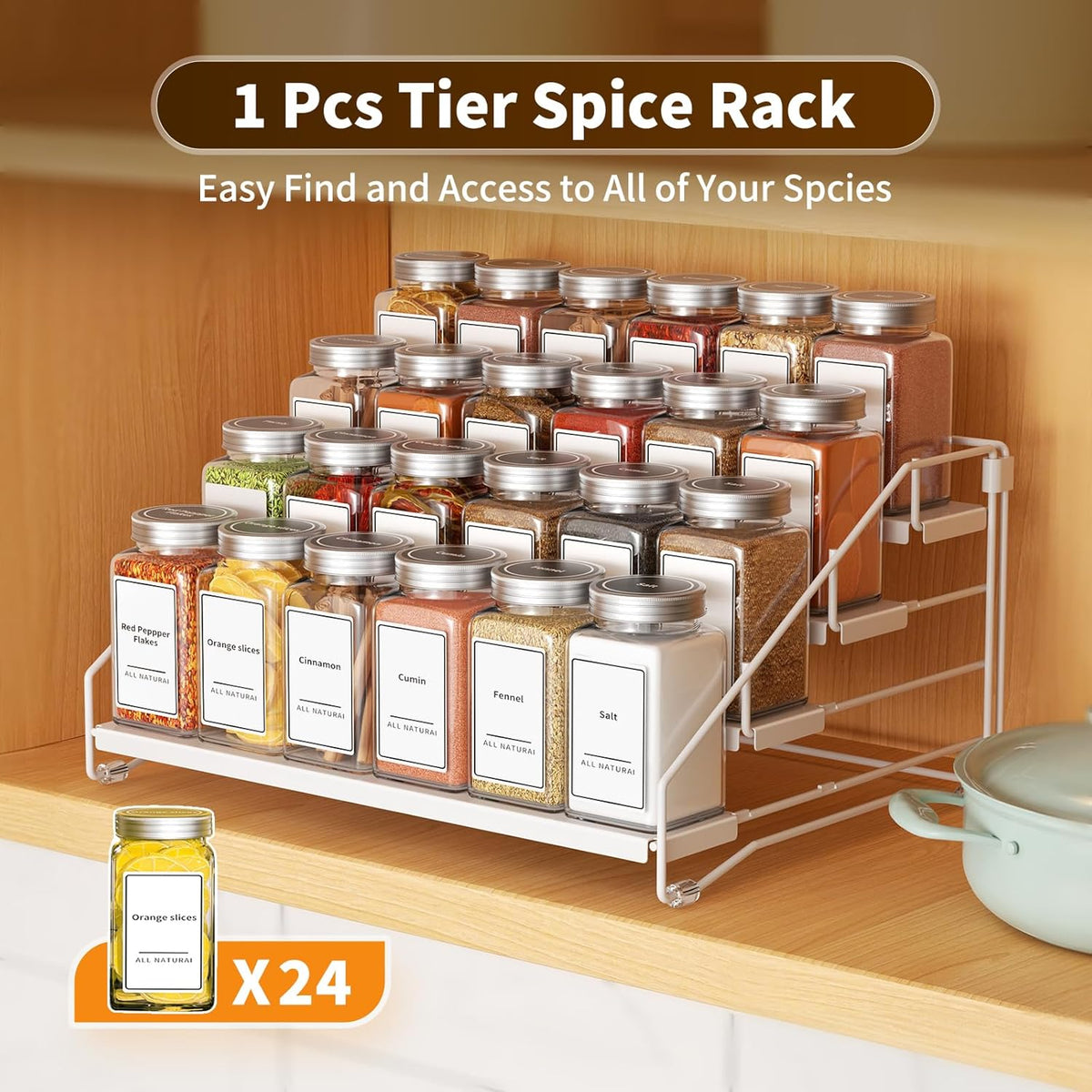 4 Tier Spice Rack for Cabinet, Spice Rack Organizer, Depth Adjustable Spice Holder for Countertop, Cupboard, Pantry, Seasoning Shelf, Metal, Black (1 Pack)